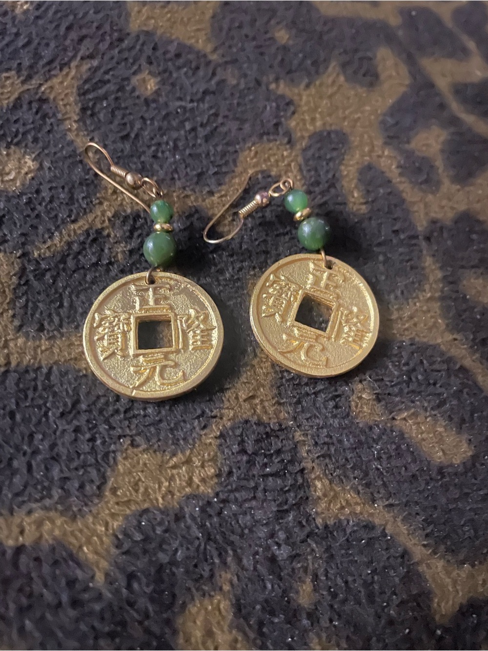 Gold Coin Drop Earrings with Jade Green Beads